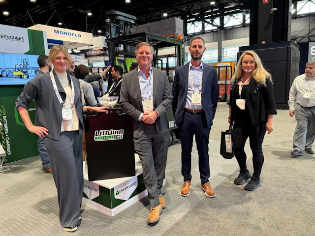 Jolie hangs out with the Green Cubes team Robin Schneider, Michael Walsh and Darin Kiefer, who are using ProMat to spotlight the latest advancements in their Lithium SAFEFlex product.