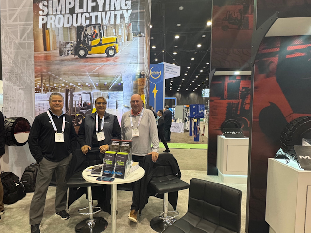 On Day 3, the Maxam team—Jim Boldy, Ana Garcia, and James McLaughlin—are ready to discuss their specialised tyre options for materials handling.