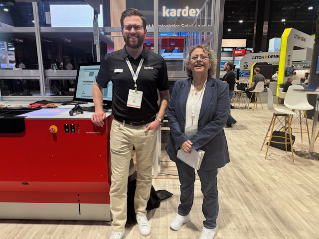 Angie Kay hangs out with Kardex's Brandon Hochstedler. The company's stand visitors could check out a number of ive demos of their various automation solutions.