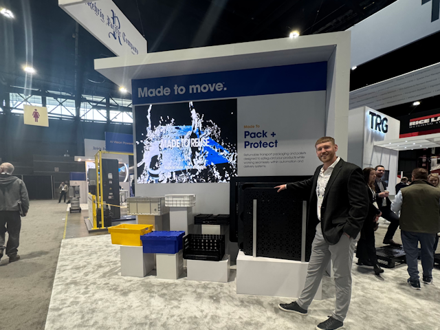 Rehrig Pacific's Chase Miller shows off a number of their returnable packaging and pallets, which can work seamlessly within automation and delivery systems.