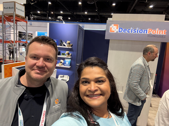 Great connections and great vibes at ProMat! Samuel Gonzales from DecisionPoint and Tejal Ranjan from JLT Mobile Computers take a moment out for this cheerful snapshot.