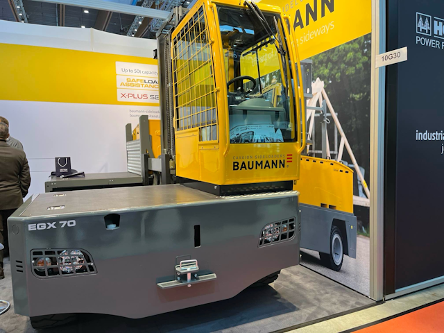 Brightening up hall 10, the EGX 70 is part of Baumann's electric sideloader series.