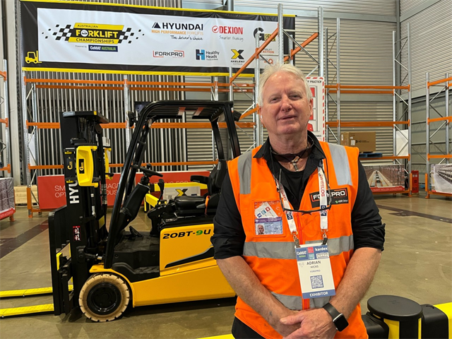 Adriene Hicks makes sure everything is tip top for the start of Day 2 at the Australian Forklift Championships. Forkpro are the official competition judges.