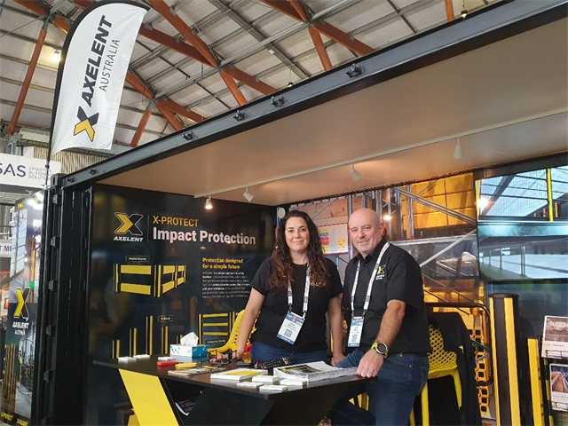 Abbie Haouchar and Gary Marshall are all smiles at the industrial Axelent stand, where they are spotlighting their industrial safety solutions.