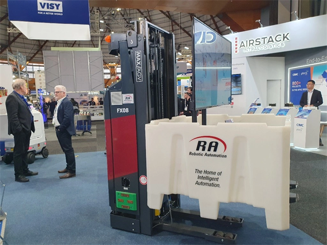 Looking fetching in red, the MAXAGV FX08 Automated Guided Vehicle (AGV) stands tall at the Robotic Automation stand.