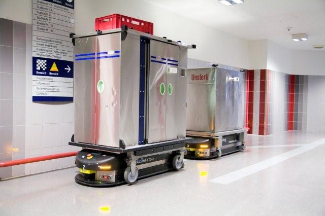 A Swisslog AGV transporting food in a hospital