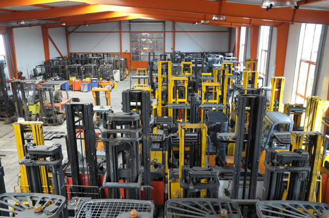 The company's stock of used forklifts widely sold in Europe.