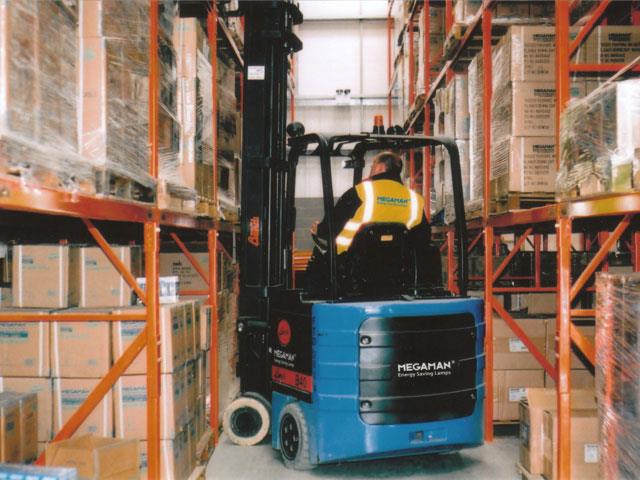 Megaman's Bendi articulated forklift in the company's corporate blue colour.