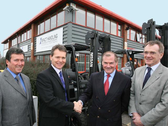 (L-R) Doug Wyatt, Nissan Forklift's national technical and service manager; Terry Kendrew, Impact Handling's MD; Brendon Sparks, Nissan's UK director for industrial machinery; and Geoff Phillips, Nissan Forklift's national sales manager.