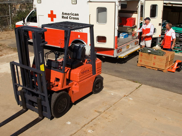 One of 13 Toyota forklifts donated to the American Red Cross.