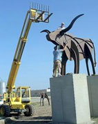 Forklift gets bobbing bull onto pillars