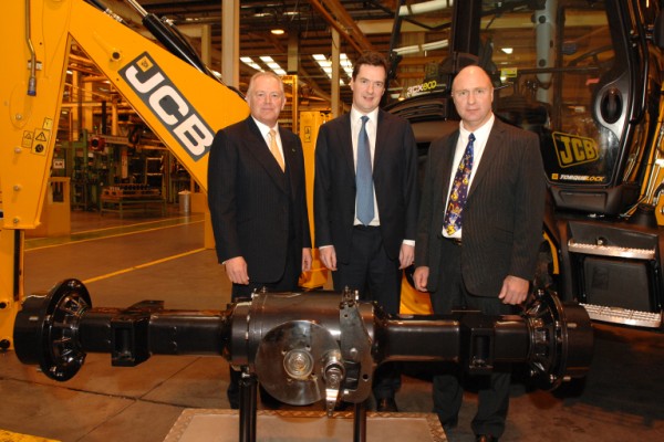(L-R) JCB CEO Alan Blake, The Chancellor of the Exchequer, The Rt. Hon. George Osborne MP and HE Services chairman Hugh Edeleanu.