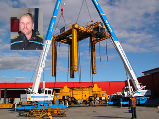 Ian Magee (inset) and the transportation of a straddle carrier