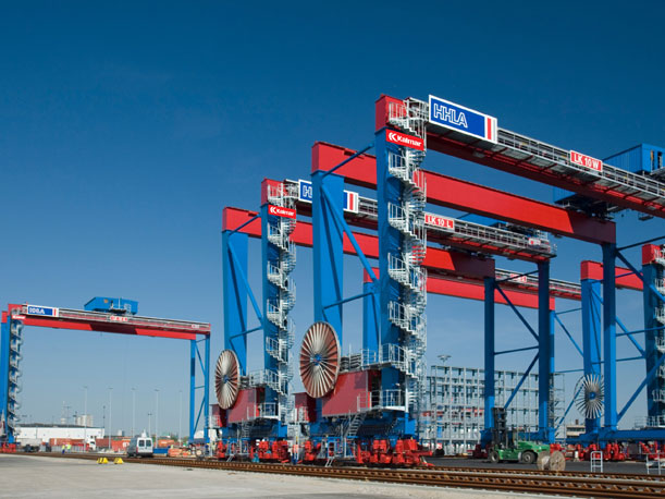 The first Kalmar automatic stacking cranes for HHLA's CTB which have been unloaded and placed on the rail track in Hamburg.