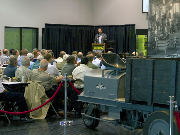 Dennis Lawrence, president and CEO, addressed <br />the May 17 Clark national sales meeting in the Lexington headquarters.