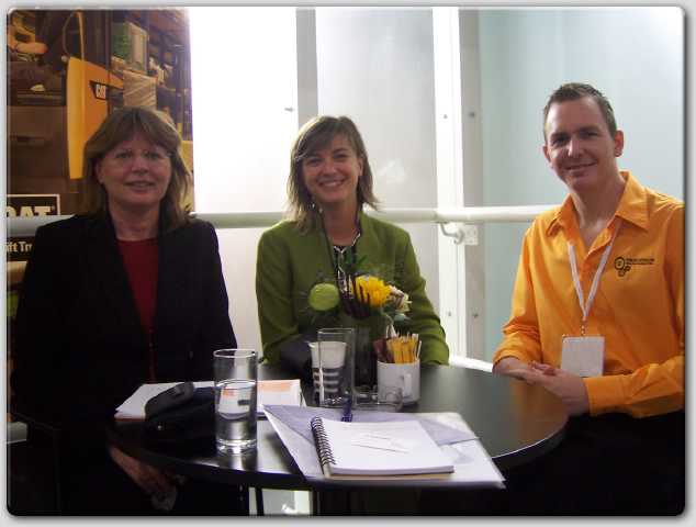 MCFE's Tinneke Bergen and Monica Escutia with Forkliftaction.com sales executive Stephen Burford.