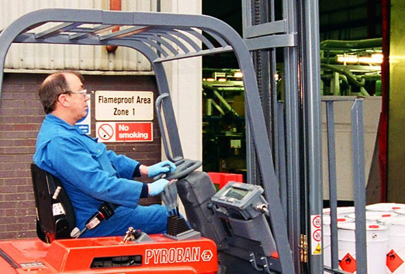 A forklift converted by Pyroban used in a zone 1 potentially explosive atmosphere.