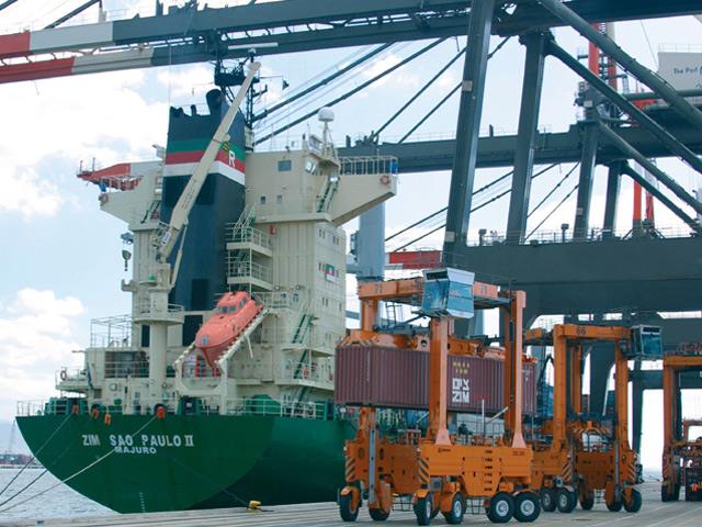 Kalmar straddle carriers at the Port Authority of Jamaica's Kingston terminal.