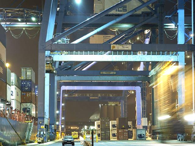 Straddle carriers at the Tilbury terminal.