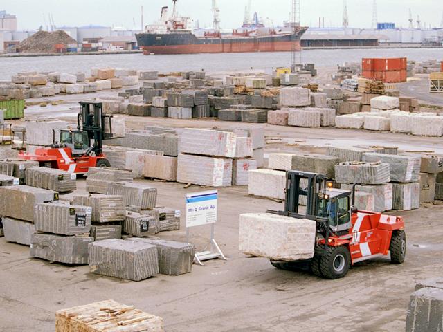 Stone and concrete call for Kalmar forklift trucks' heavy-duty handling.