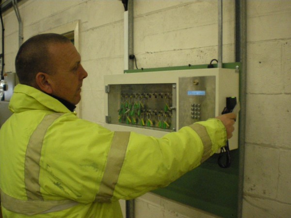 Traka's intelligent key fobs are locked in a special key cabinet and operators identify themselves at the cabinet using their company ID cards.