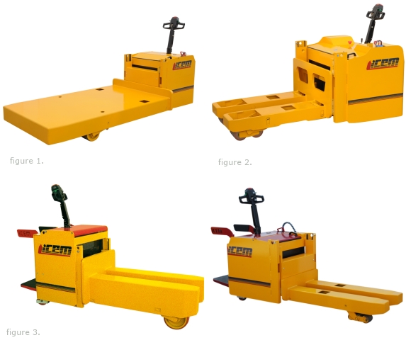 figure 1. Version with lifting platform; figure 2. version with custom forks and 10.000 kg capacity; figure 3. version with high forks, platform and side guards for operator's safety.