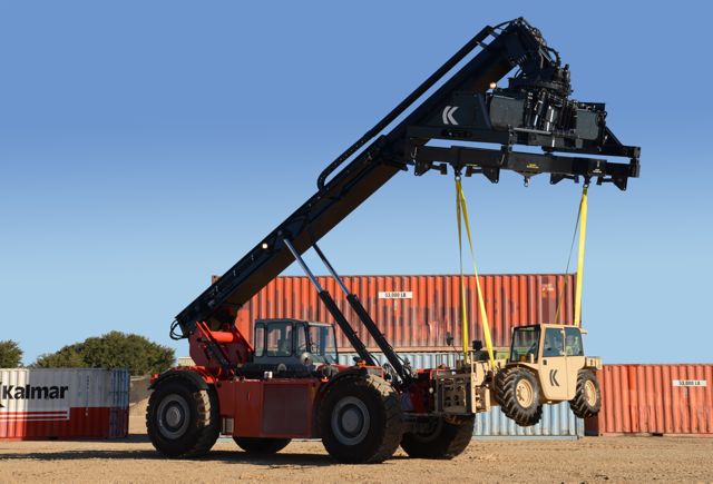 The RT240 slinging the RT022- Kalmar's light capability rough-terrain forklift.