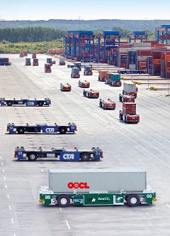 Terex Gottwald battery AGVs, seen here at the HHLA Container Terminal Altenwerder in Hamburg, Germany.