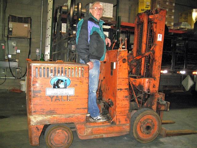 This Yale model K41-4M forklift was built in 1945 and remains operational. Norm Einsig handles shipping and receiving for owner JA Cunningham Equipment Inc.