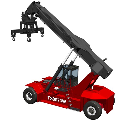 Taylor TS9973 reachstacker equipped with attachment for transporting wind tower and parts